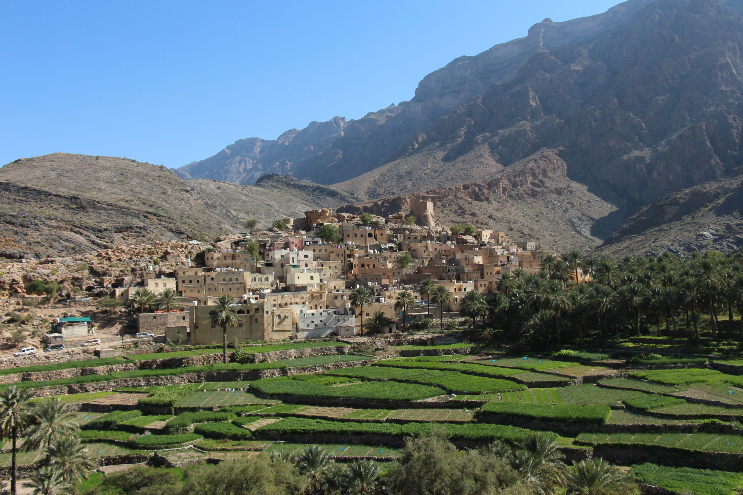 A general view of mountainous terrain with sandy-rocky soil covered with scattered but frequent bushes. At the foot of a high mountain located a settlement of low white buildings and green vegetation.